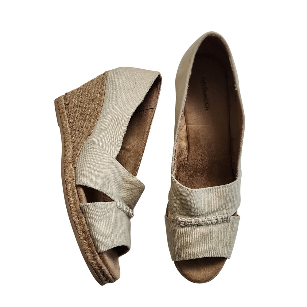 GH Bass & Co Womens Andi Wedge Espadrilles Size 10 Beige Canvas‎ Peep Toe Summer